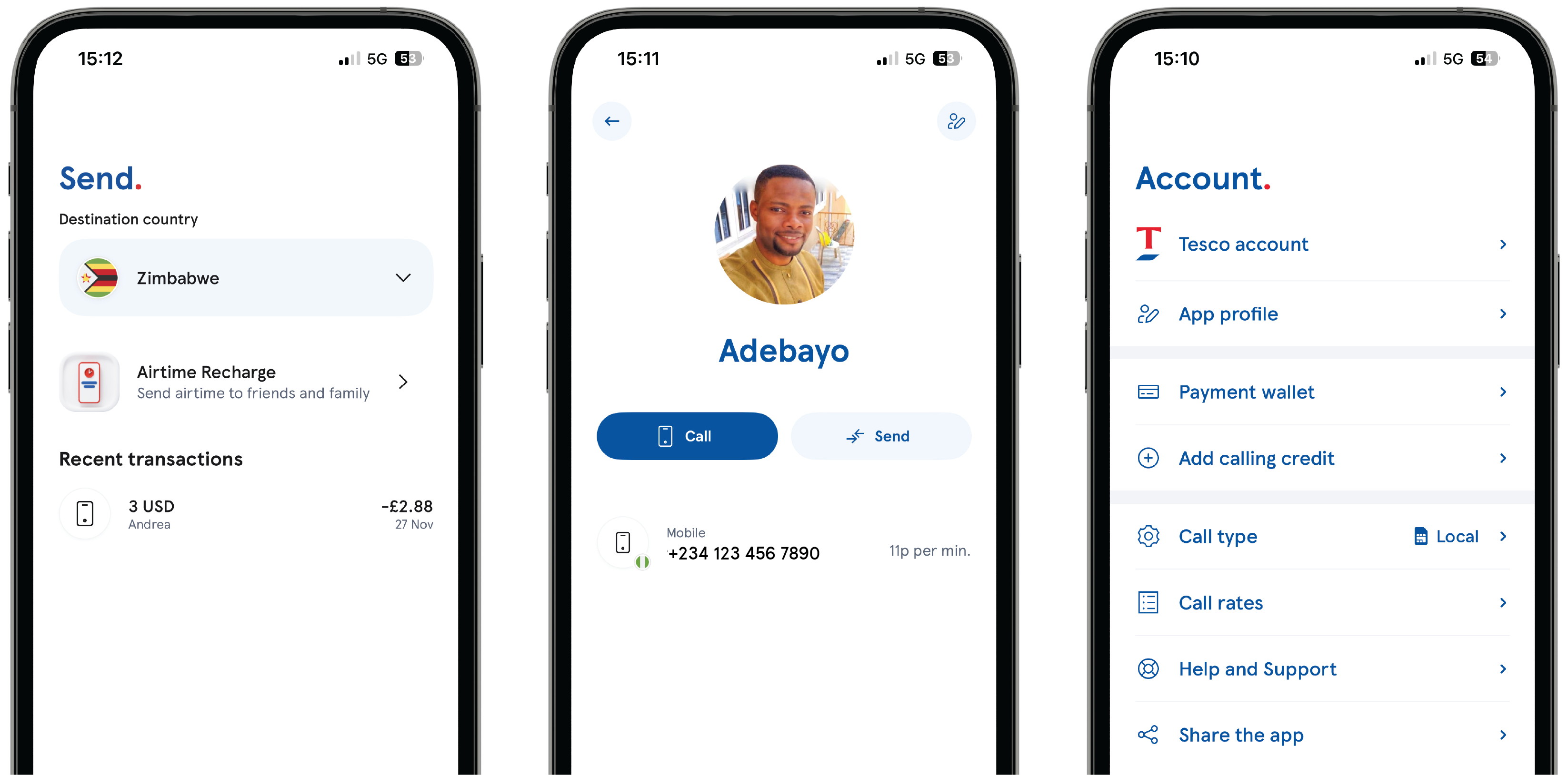 Three screenhots of the Tesco International Calling app on a mobile device